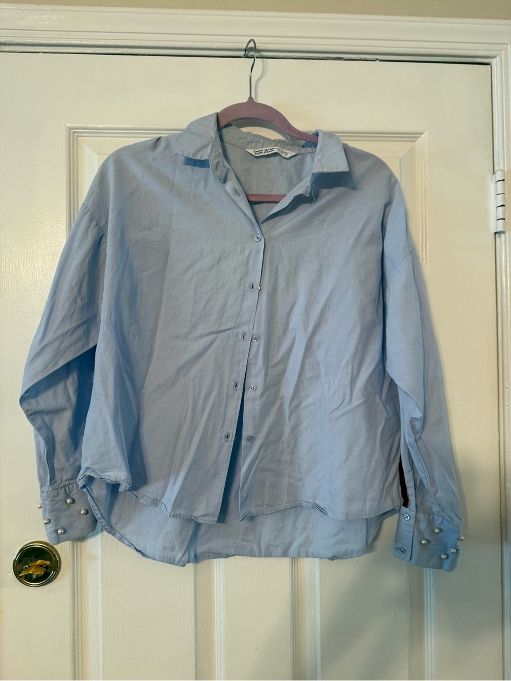 Zara Light Blue Women's Button-Down Shirt with Pearl Cuff Buttons